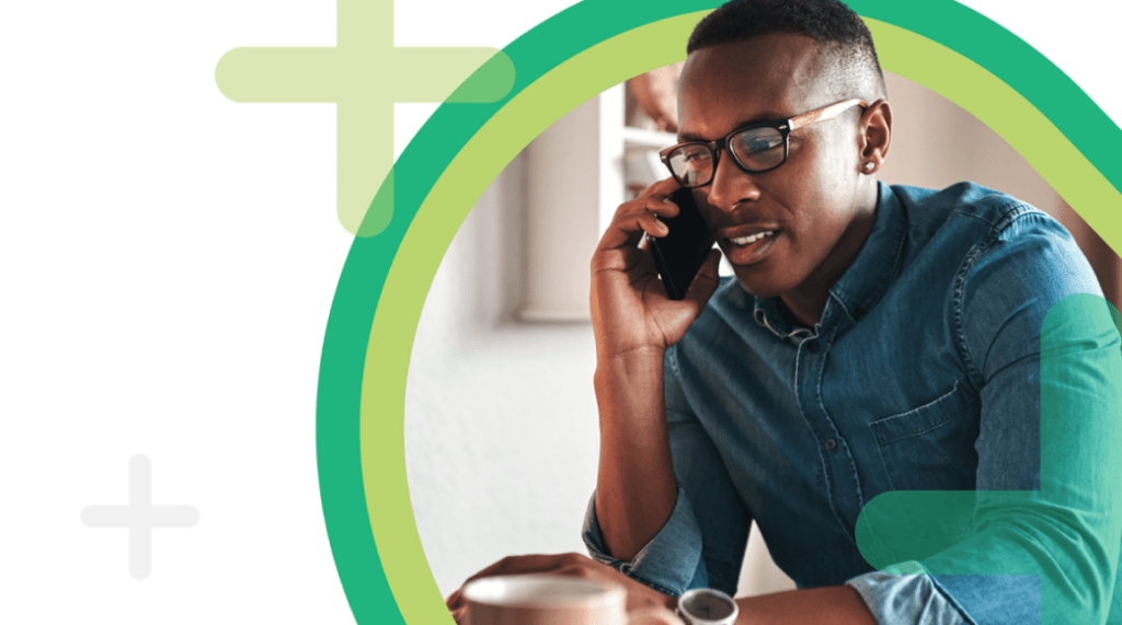 Man talking on smartphone overlaid with Bromwich and Smith graphic elements.
